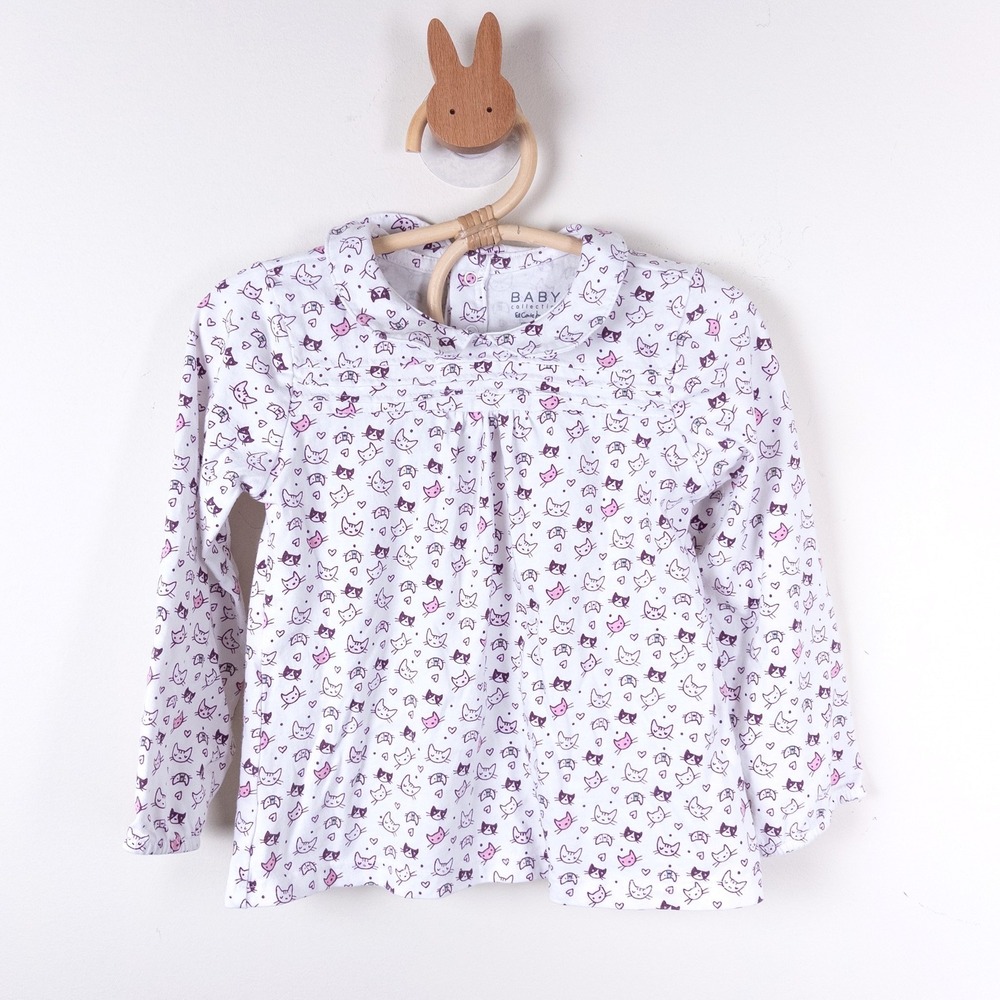 El Corte Ingles Cat Print Top Peter Pan Collar Cotton Toddler 2-3Y White‎ Pink